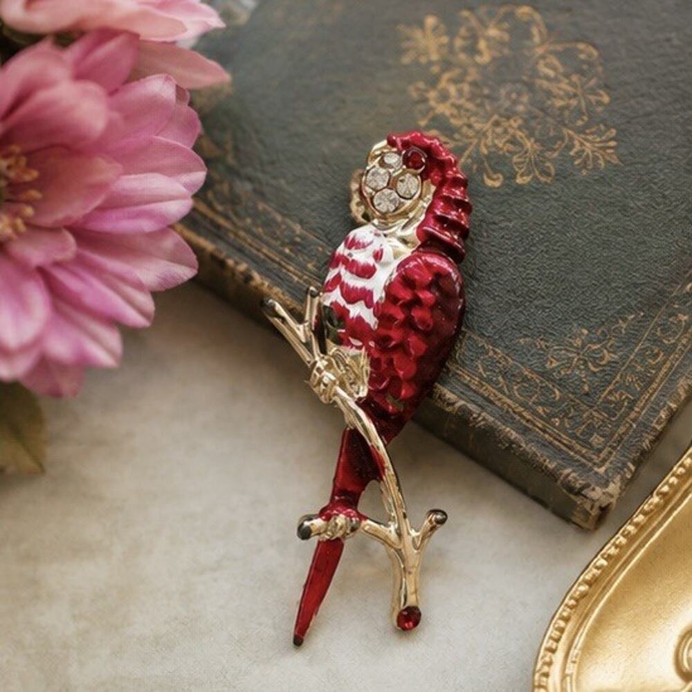 Red Enamel Rhinestone Parrot Bird Brooch Pin Gold Tone 2.5” Tropical Bling
